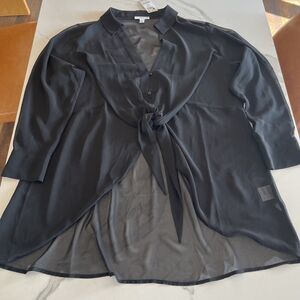 Bar III Plus Front Tie Button Blouse Women's 2X Black V-Neck Long Sleeve Top NWT